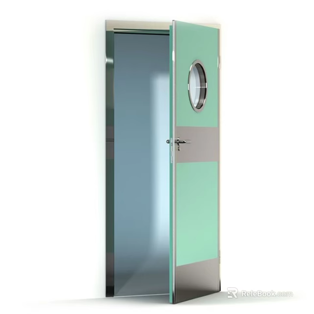 Modern Swing Door With Glass Panel Circular Window And Green Gray Design 3d model 