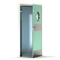 Modern Swing Door With Glass Panel Circular Window And Green Gray Design