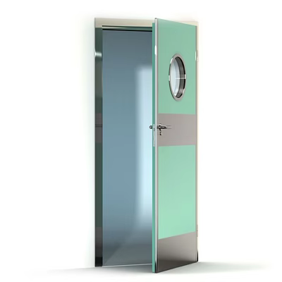 Modern Swing Door With Glass Panel Circular Window And Green Gray Design 3d model