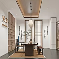 Oriental Chinese Teahouse Interior With Wooden Bookshelves Tea Sets Pendant Lights And Long Table