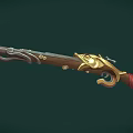 Vintage Flintlock Pistol with Golden Ornate Accents Red Leather Grip and Metallic Barrel Design