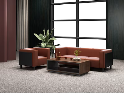 Orange Sofa and Wooden Coffee Table Set with Matching Armchair Near Large Window Green Plant 3d model