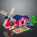 Fresh Farm Food Display With Windmill Barn Tractor Green Vegetables And Orange Grains