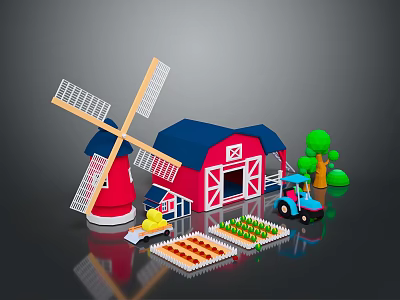 Fresh Farm Food Display With Windmill Barn Tractor Green Vegetables And Orange Grains 3d model
