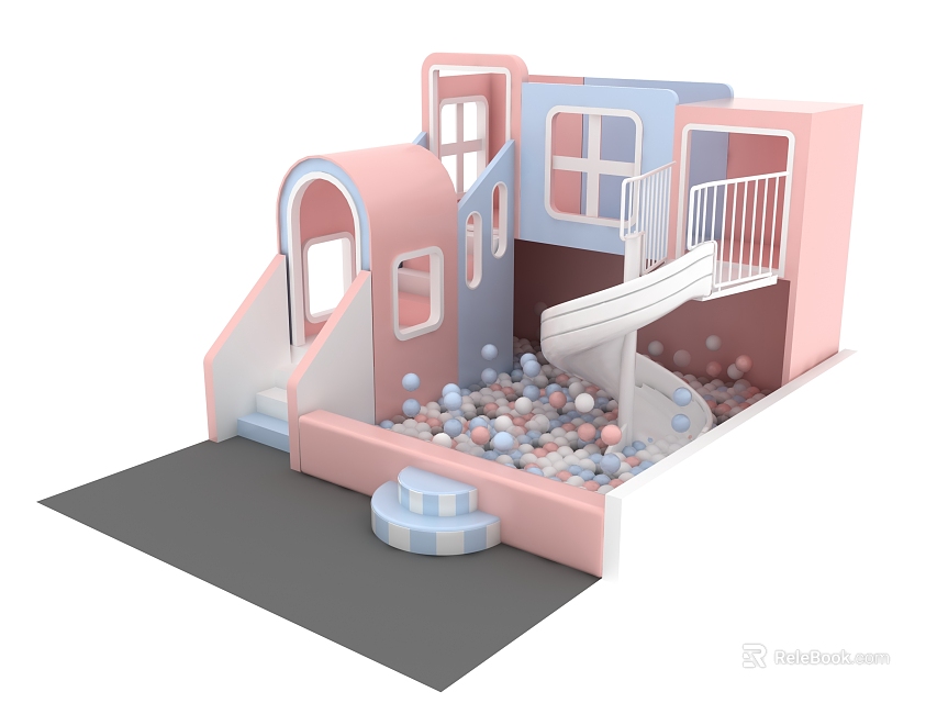 Fun Kids Indoor Play Equipment with Pink and Blue Slide Ball Pit Stairs and Railing 3d model 