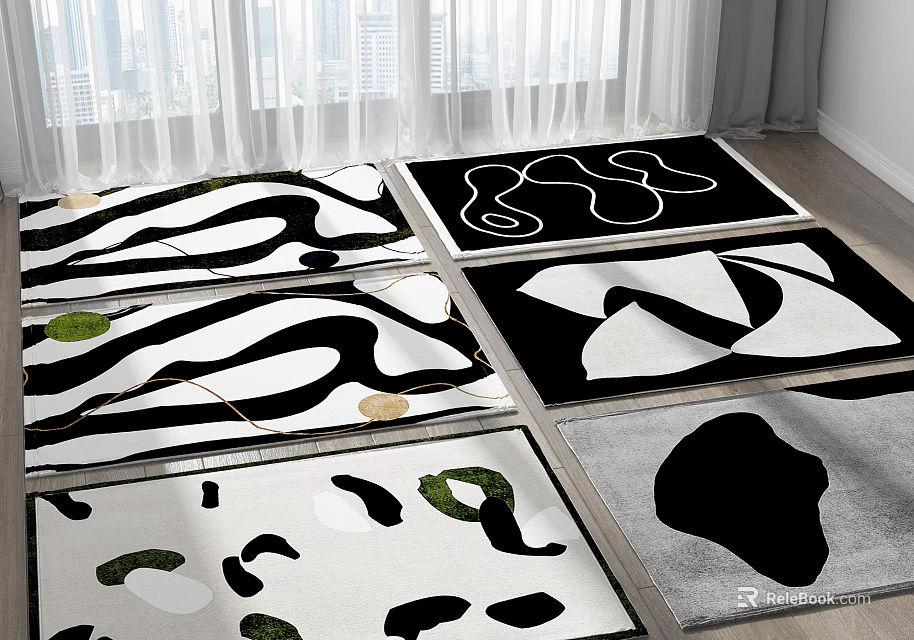 Modern Square Rugs With Abstract Black White And Green Patterns 3d model