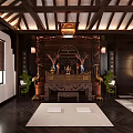 Traditional Chinese Religious Worship Space With Wooden Roof Lantern Chandeliers And Altar Decorations