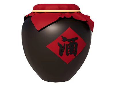Traditional Black Wine Jar With Red Lid Decorative Cloth And Chinese Character 3d model