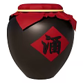 Traditional Black Wine Jar With Red Lid Decorative Cloth And Chinese Character