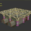 Ancient Stone Building With Intricate Cross Patterned Roof And Stone Pillars