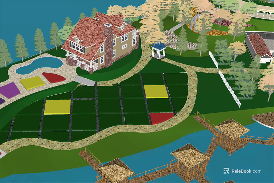 Detached Villa With Red Roof Swimming Pool Green Lawn And Wooden Bridge 3d model 