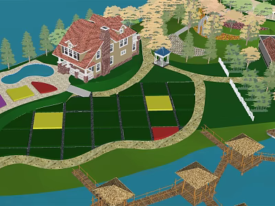 Detached Villa With Red Roof Swimming Pool Green Lawn And Wooden Bridge 3d model
