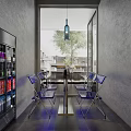 Modern Cafe Interior Design With Curved Bar Counter Blue Pendant Lights And Seating Area