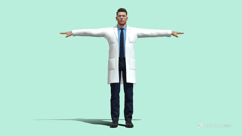 Professional Man In White Lab Coat With Tie Standing Arms Outstretched On Light Green Background 3d model 