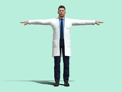 Professional Man In White Lab Coat With Tie Standing Arms Outstretched On Light Green Background 3d model