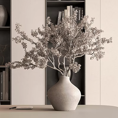 Modern Minimalist Floral Art Display With Vase And Foliage Branches On Bookshelf 3d model
