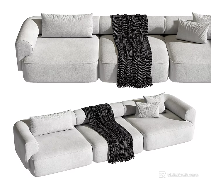 Plush Light Gray Sectional Sofa with Black Knitted Blanket and Decorative Pillows 3d model