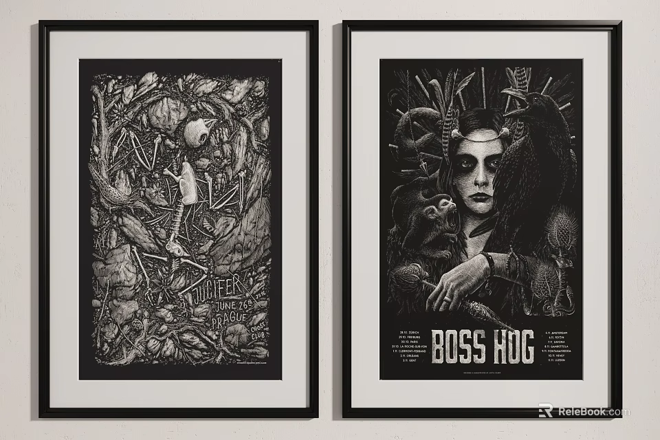 Black And White Framed Decorative Posters With Intricate Designs And Boss Hug Text 3d model 