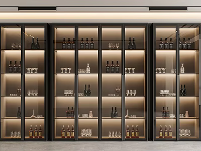 Modern Wine Cabinet With Glass Doors Multiple Shelves Wine Bottles And Glassware Lighting 3d model