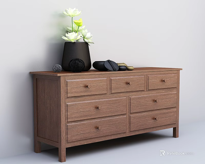 Wooden Chest of Drawers with Six Drawers Black Vase White Flowers and Decorative Items 3d model 