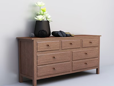Wooden Chest of Drawers with Six Drawers Black Vase White Flowers and Decorative Items 3d model