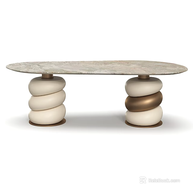 Luxury Modern Oval Marble Top Coffee Table With Artistic Stacked Pebble Shaped Two Tone Bases 3d model 