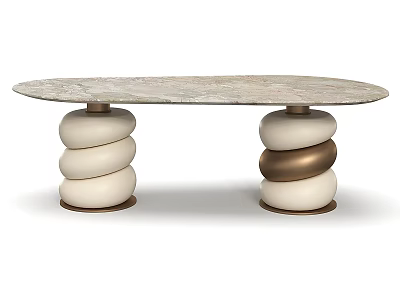Luxury Modern Oval Marble Top Coffee Table With Artistic Stacked Pebble Shaped Two Tone Bases 3d model