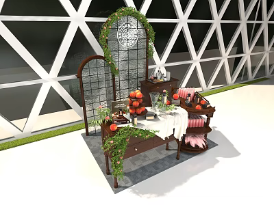 Decorative Display Cabinet Shelf With Green Vines Oranges Floral Decor And Tablecloth 3d model