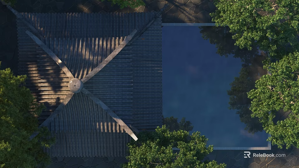 Ancient Architecture With Tiled Roof Surrounded By Green Trees And Water Reflections 3d model 
