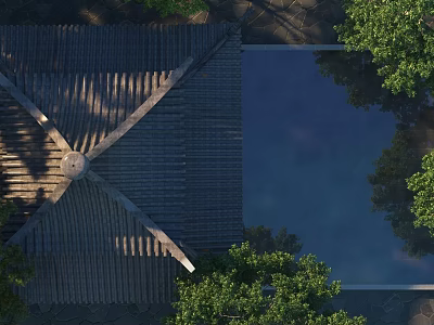Ancient Architecture With Tiled Roof Surrounded By Green Trees And Water Reflections 3d model