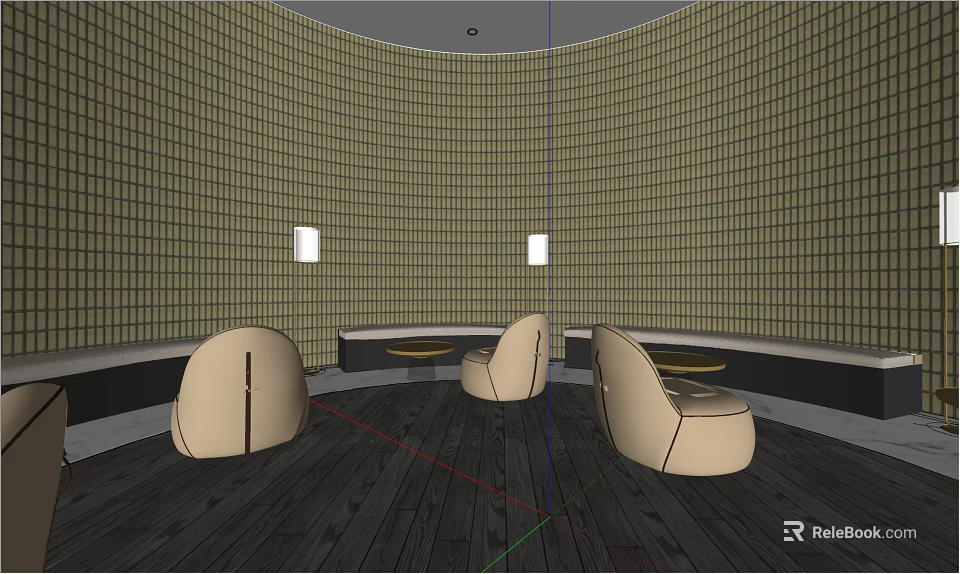Modern Hotel Public Lounge Area With Curved Seats Small Tables Grid Walls And Dark Flooring 3d model 