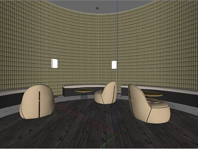 Modern Hotel Public Lounge Area With Curved Seats Small Tables Grid Walls And Dark Flooring 3d model