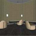 Modern Hotel Public Lounge Area With Curved Seats Small Tables Grid Walls And Dark Flooring