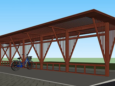 Outdoor Wooden Pavilion With Pergola Structure And Bicycle In Park Area 3d model