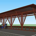 Outdoor Wooden Pavilion With Pergola Structure And Bicycle In Park Area