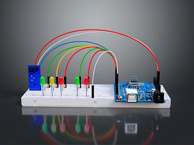 Microcontroller Development Board With Multiple Colored LED Lights And Connecting Wires 3d model