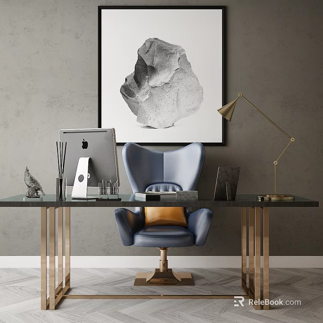 Modern Home Office Desk With Metal Legs Apple Laptop Blue Armchair And Decorative Items 3d model 