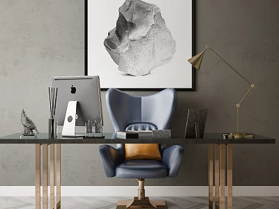 Modern Home Office Desk With Metal Legs Apple Laptop Blue Armchair And Decorative Items 3d model