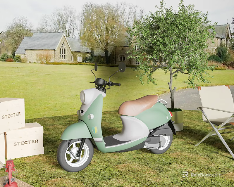 Green Gray Electric Scooter On Lawn With Tree STECTA Boxes Folding Chair House Background 3d model 