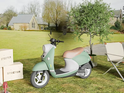 Green Gray Electric Scooter On Lawn With Tree STECTA Boxes Folding Chair House Background 3d model