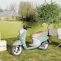 Green Gray Electric Scooter On Lawn With Tree STECTA Boxes Folding Chair House Background