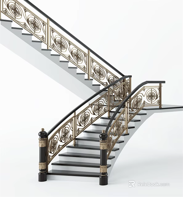 Elegant Classic Staircase With Golden Carved Railings Black Handrails And Dark Steps 3d model 