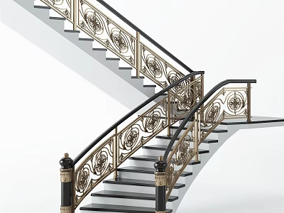 Elegant Classic Staircase With Golden Carved Railings Black Handrails And Dark Steps 3d model
