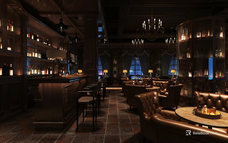 Vintage Bar Interior With Leather Seating Chandeliers And Wine Display Racks 3d model 