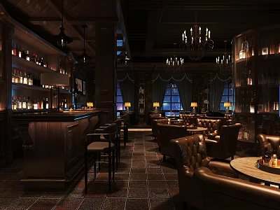 Vintage Bar Interior With Leather Seating Chandeliers And Wine Display Racks 3d model