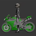 Game Movie Character in Black Gray Tight Suit with Helmet Standing Beside Green Motorcycle