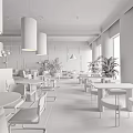 Modern Open Space Cafe Interior With White Walls Wooden Tables Green Plants And Pendant Lights