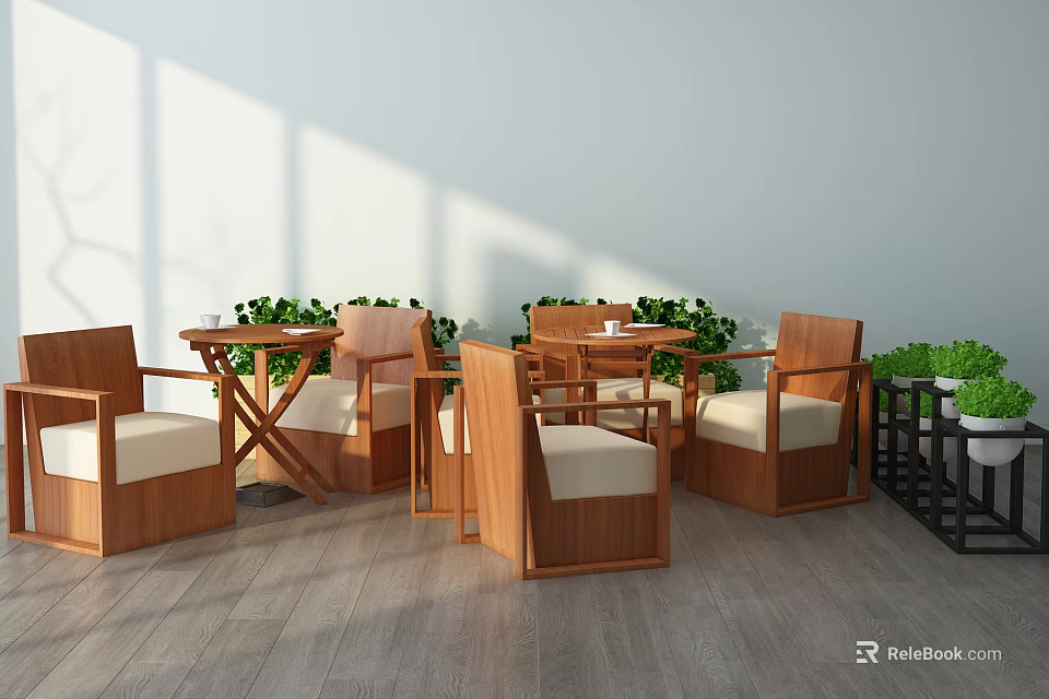 Wooden Table and Chair Set in Modern Indoor Space With Green Plants and Natural Light 3d model 