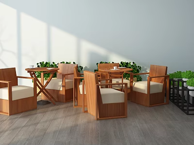 Wooden Table and Chair Set in Modern Indoor Space With Green Plants and Natural Light 3d model