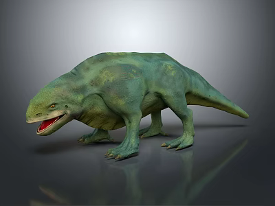 Realistic Green Dinosaur Model with Open Mouth and Sharp Teeth Standing on Shiny Surface 3d model